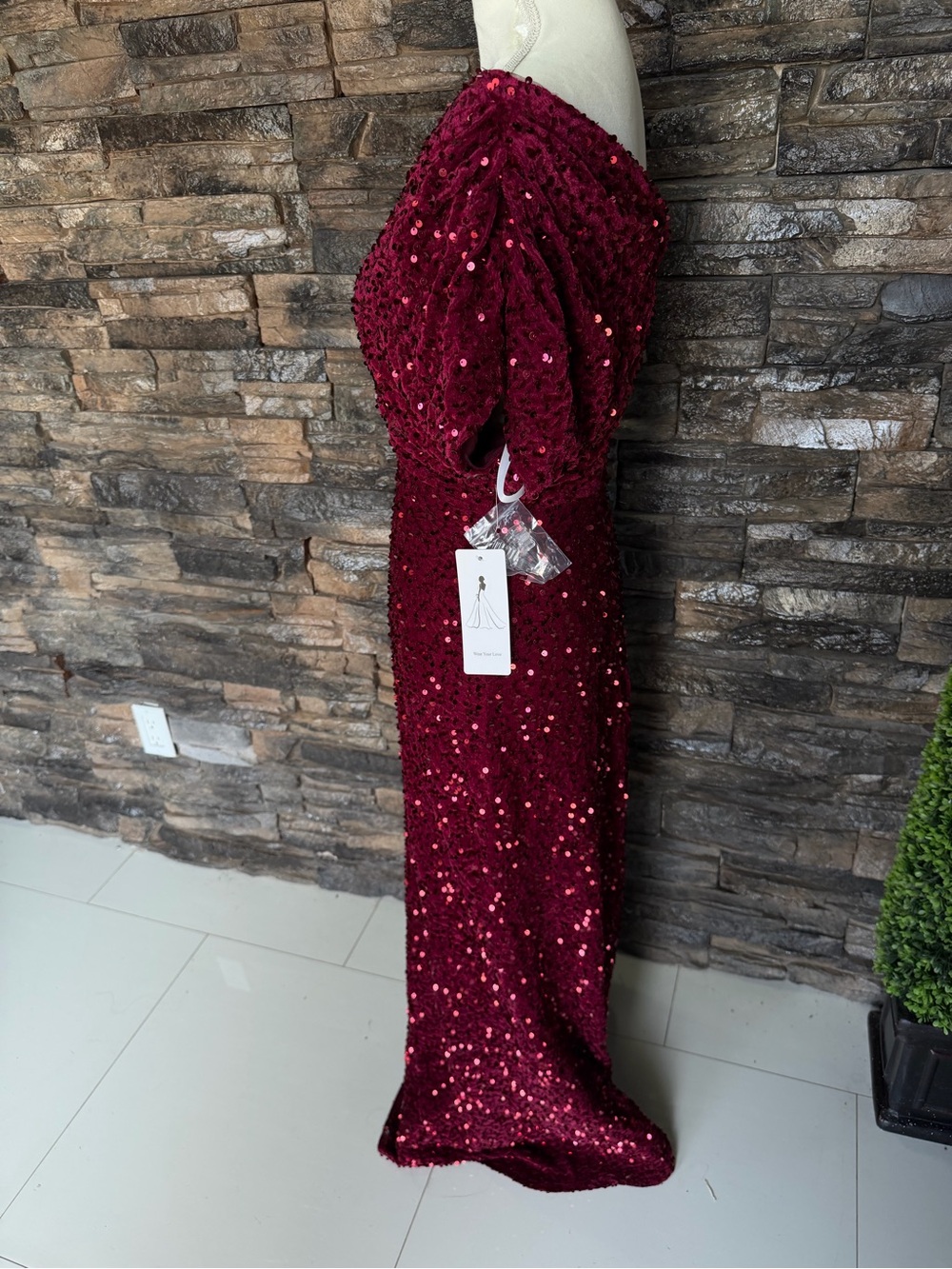 Elegant Sequin Off-Shoulder Evening Gown - Burgundy - Picture 5 of 11
